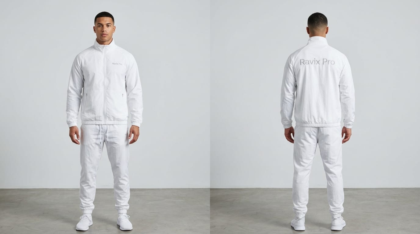 Custom White Tracksuit with Tonal Logo Custom White Tracksuit with Tonal Logo – front and back view, custom manufactured by Ravix Pro Industry, Sialkot