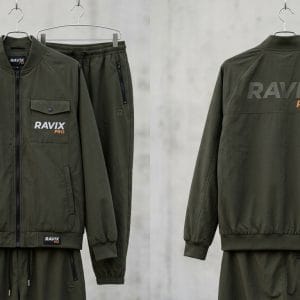 Custom Olive Green Windbreaker Tracksuit with Back Print – front and back view, custom manufactured by Ravix Pro Industry, Sialkot
