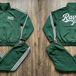Custom Green Retro Tracksuit with White Stripes – front and back view, custom manufactured by Ravix Pro Industry, Sialkot