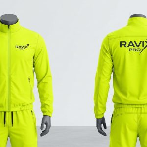 Custom Neon Yellow Tracksuit with Back Logo – front and back view, custom manufactured by Ravix Pro Industry, Sialkot
