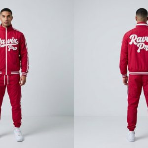Custom Red Tracksuit with White Script Logo – front and back view, custom manufactured by Ravix Pro Industry, Sialkot