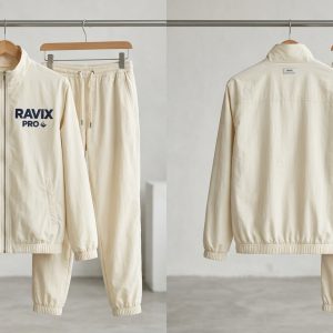 Custom Cream Zip Tracksuit with Navy Print – front and back view, custom manufactured by Ravix Pro Industry, Sialkot