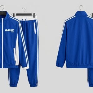Custom Royal Blue Tracksuit with White Stripes – front and back view, custom manufactured by Ravix Pro Industry, Sialkot
