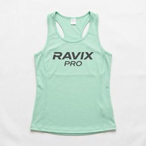 Custom Mint Racerback Tank with Grey Logo – front and back view, custom manufactured by Ravix Pro Industry, Sialkot