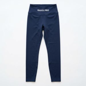 Custom Navy Leggings with Front Waistband Logo – front and back view, custom manufactured by Ravix Pro Industry, Sialkot