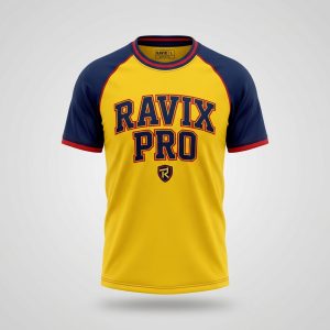 Custom Yellow and Navy Baseball Shirt – front and back view, custom manufactured by Ravix Pro Industry, Sialkot