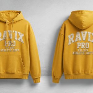 Custom Mustard Hoodie with Collegiate Print – front and back view, custom manufactured by Ravix Pro Industry, Sialkot