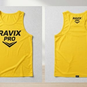 Custom Yellow Athletic Singlet with Chevron Logo – front and back view, custom manufactured by Ravix Pro Industry, Sialkot