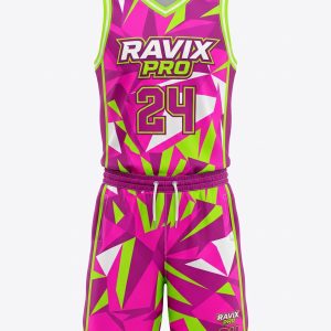 Custom Magenta and Lime Geometric Basketball Uniform – custom manufactured by Ravix Pro Industry, Sialkot, Pakistan