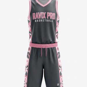 Custom Charcoal and Pink Basketball Uniform – custom manufactured by Ravix Pro Industry, Sialkot, Pakistan
