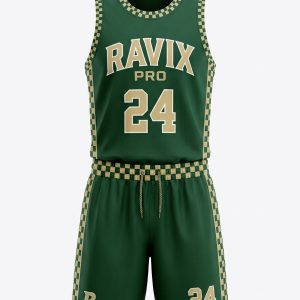 Custom Green and Gold Checker Basketball Uniform – custom manufactured by Ravix Pro Industry, Sialkot, Pakistan