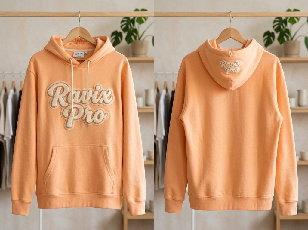 Private label hoodie with custom puff print logo, made in Pakistan by Ravix Pro Industry