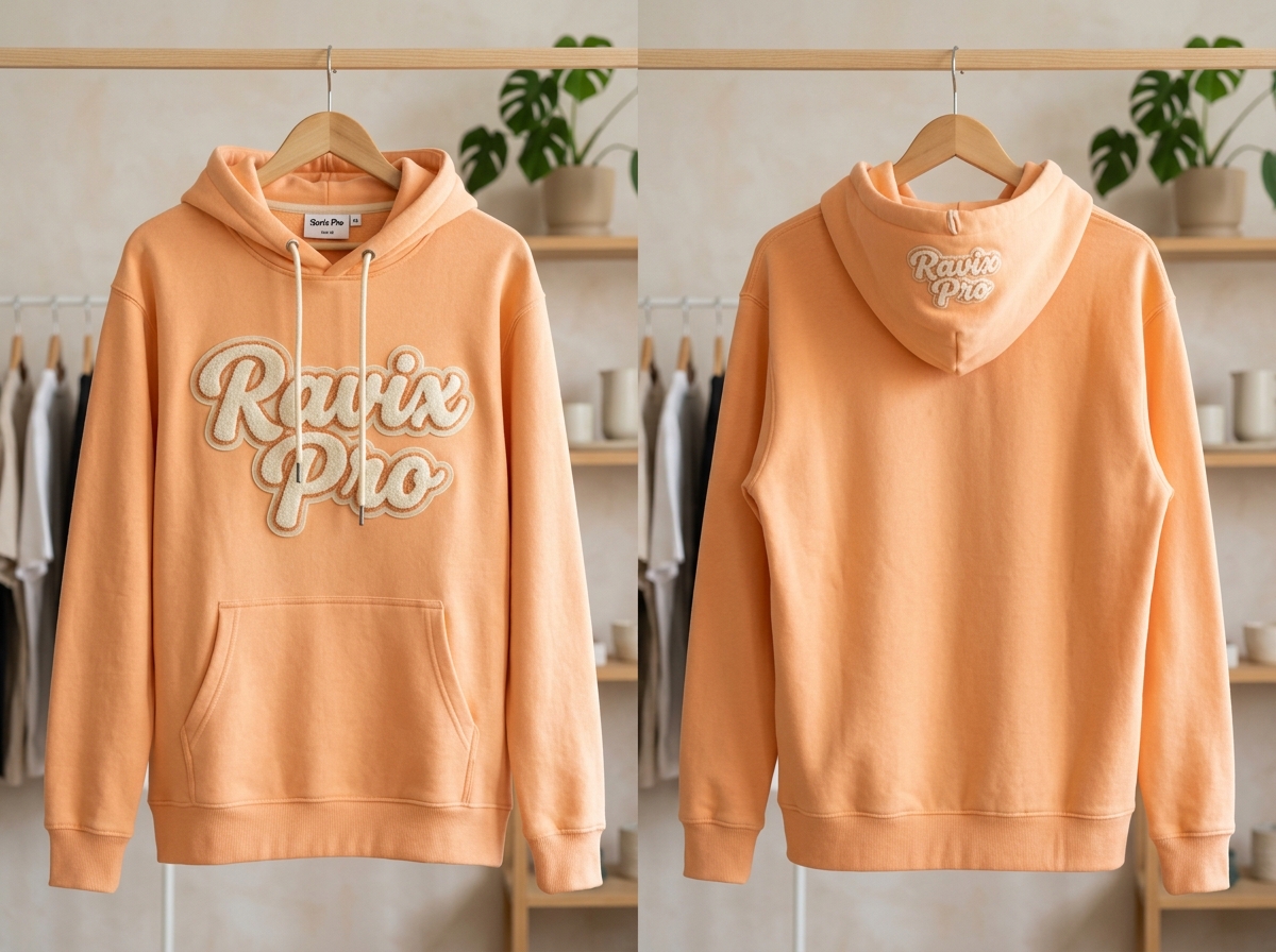 Custom Peach Hoodie with Puff Logo Private label hoodie with custom puff print logo, made in Pakistan by Ravix Pro Industry