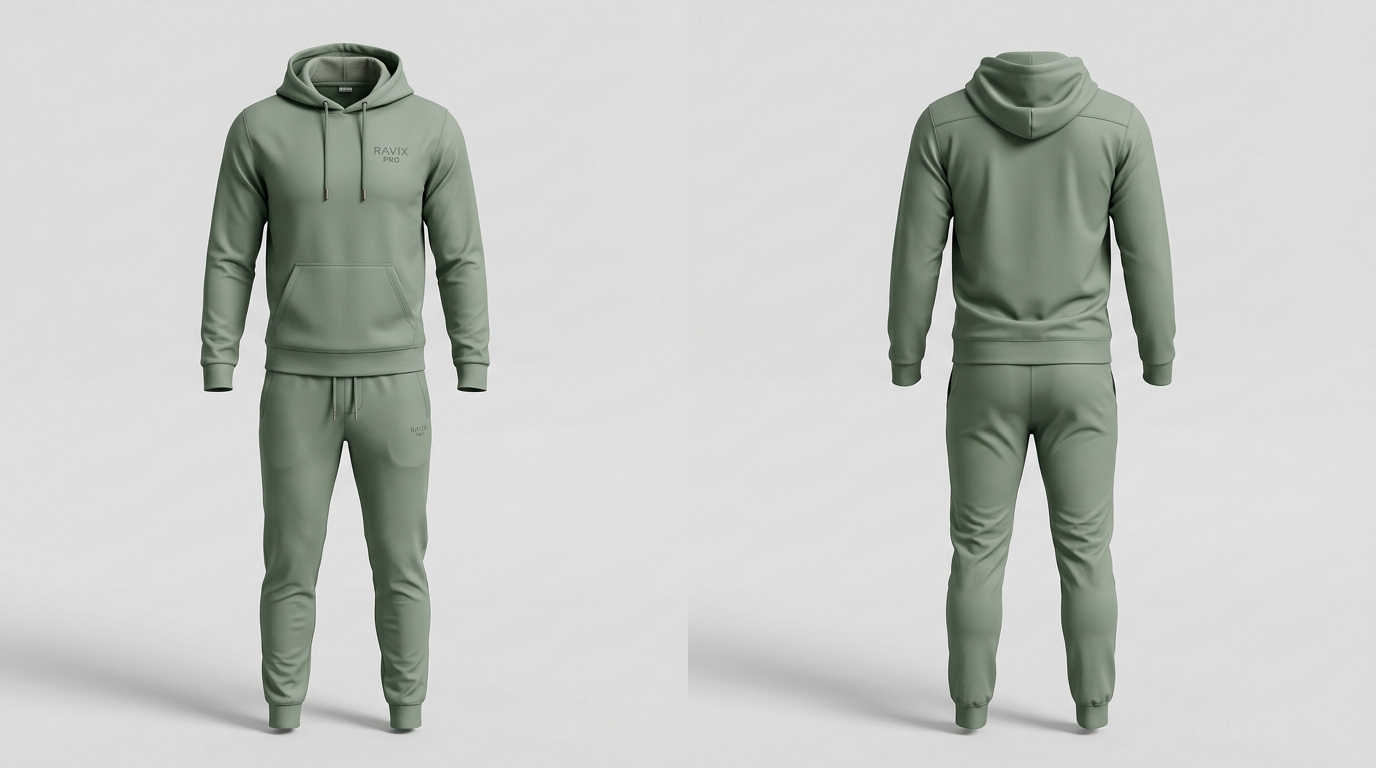 Custom Sage Green Athleisure Tracksuit Custom Sage Green Athleisure Tracksuit – custom manufactured by Ravix Pro Industry, Sialkot, Pakistan