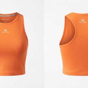 Custom Orange Athletic Crop Top – custom manufactured by Ravix Pro Industry, Sialkot, Pakistan
