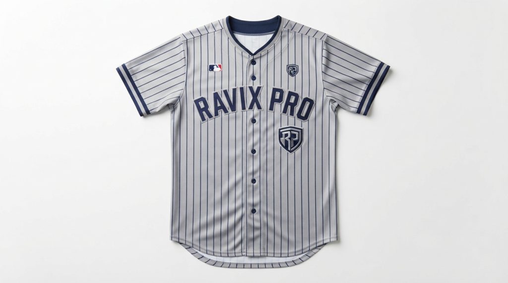 Custom Baseball Uniforms Guide: Jerseys, Pants, Twill vs Sublimated and Ordering Custom Grey and Navy Pinstripe Baseball Jersey with Chest Script and Crest – custom manufactured by Ravix Pro Industry, Sialkot, Pakistan