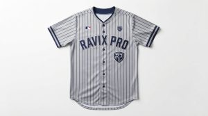 Custom Grey and Navy Pinstripe Baseball Jersey with Chest Script and Crest – custom manufactured by Ravix Pro Industry, Sialkot, Pakistan