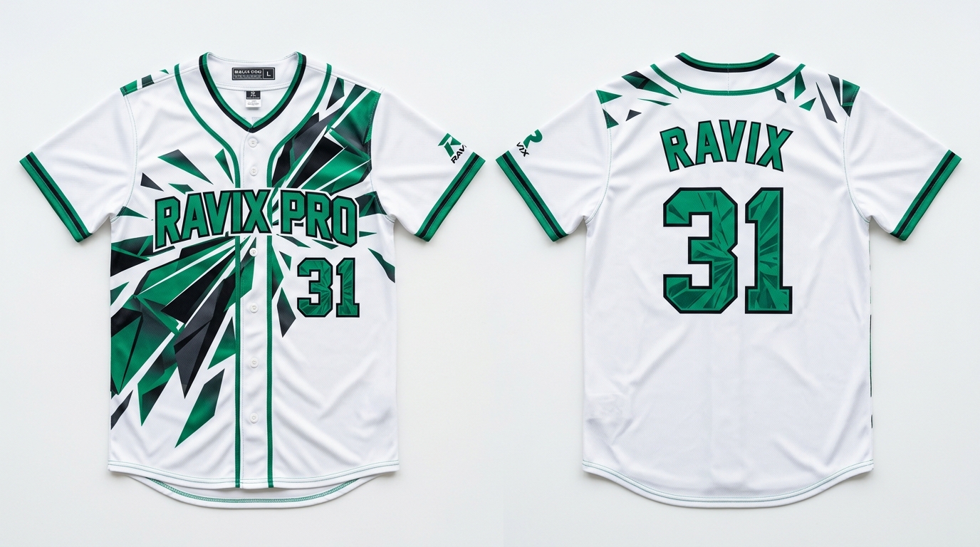 Custom White and Green Baseball Uniform Custom White and Green Baseball Uniform – custom manufactured by Ravix Pro Industry, Sialkot, Pakistan