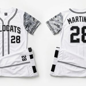 Custom White and Black Baseball Uniform with Camo Sleeves – custom manufactured by Ravix Pro Industry, Sialkot, Pakistan