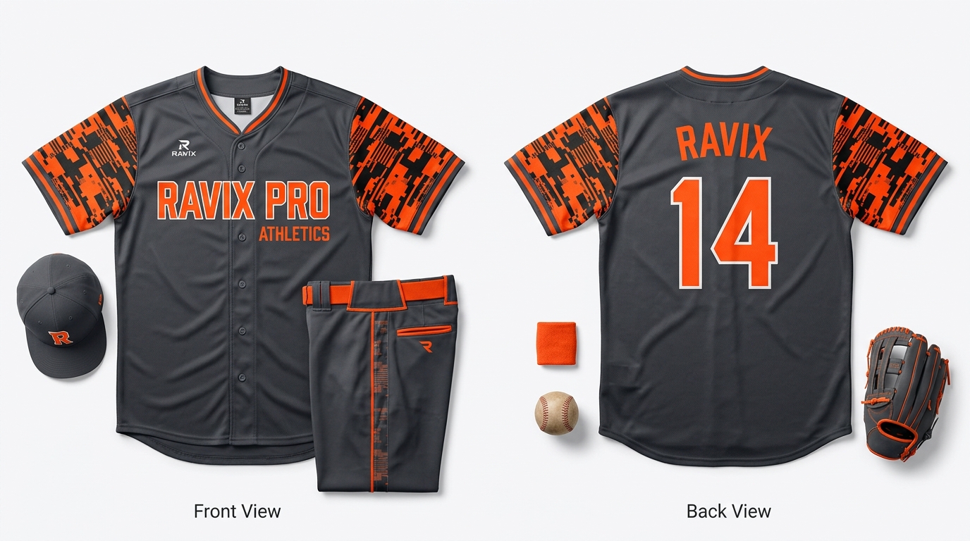 Custom Black and Orange Baseball Uniform with Tiger Stripe Sleeves Custom Black and Orange Baseball Uniform with Tiger Stripe Sleeves – custom manufactured by Ravix Pro Industry, Sialkot, Pakistan