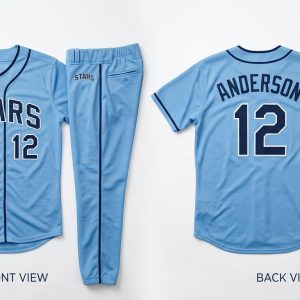 Custom Sky Blue and Navy Baseball Uniform with Matching Pants – custom manufactured by Ravix Pro Industry, Sialkot, Pakistan