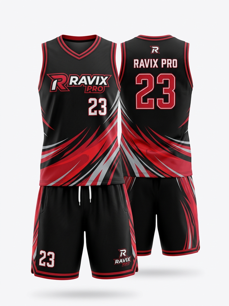 Custom Black and Red Wave Basketball Uniform Custom Black and Red Wave Basketball Uniform – custom manufactured by Ravix Pro Industry, Sialkot, Pakistan