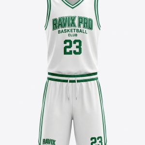 Custom White and Green Basketball Uniform – custom manufactured by Ravix Pro Industry, Sialkot, Pakistan