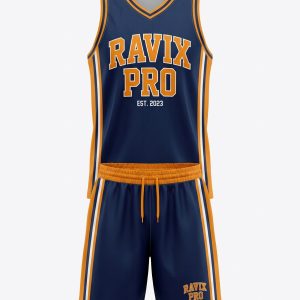 Custom Navy and Orange Basketball Uniform – custom manufactured by Ravix Pro Industry, Sialkot, Pakistan
