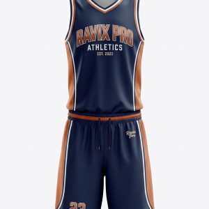 Custom Navy and Red Athletics Basketball Uniform – custom manufactured by Ravix Pro Industry, Sialkot, Pakistan