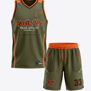 Custom Olive and Orange Basketball Uniform – custom manufactured by Ravix Pro Industry, Sialkot, Pakistan