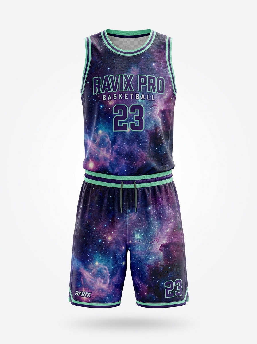 Custom Galaxy Navy Basketball Uniform Custom Galaxy Navy Basketball Uniform – custom manufactured by Ravix Pro Industry, Sialkot, Pakistan