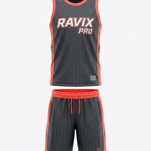 Custom Charcoal and Coral Basketball Uniform – custom manufactured by Ravix Pro Industry, Sialkot, Pakistan