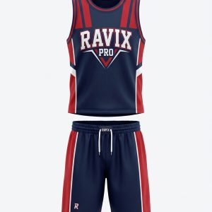 Custom Navy and Red Basketball Uniform – custom manufactured by Ravix Pro Industry, Sialkot, Pakistan