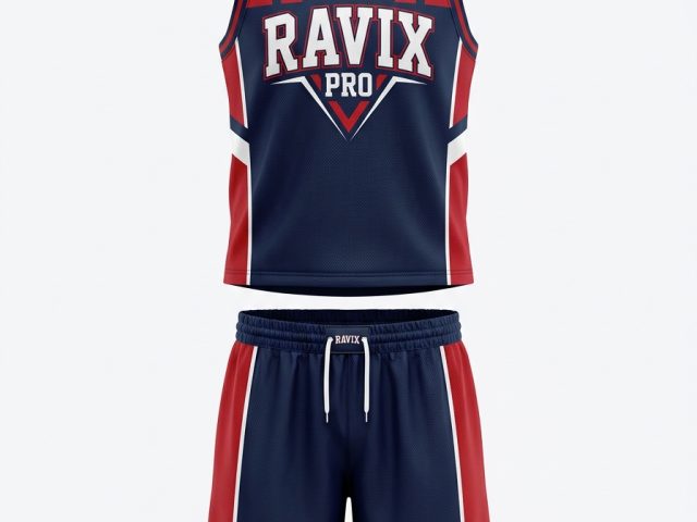 Custom Navy and Red Basketball Uniform – custom manufactured by Ravix Pro Industry, Sialkot, Pakistan