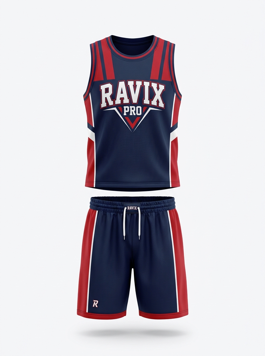 Custom Navy and Red Basketball Uniform Custom Navy and Red Basketball Uniform – custom manufactured by Ravix Pro Industry, Sialkot, Pakistan