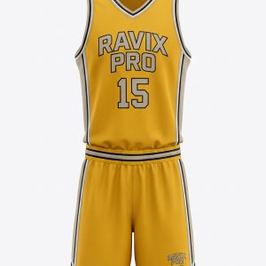 Custom Gold Throwback Basketball Uniform – custom manufactured by Ravix Pro Industry, Sialkot, Pakistan
