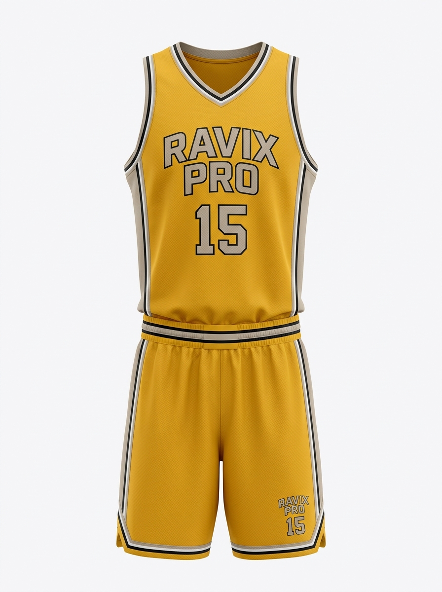 Custom Gold Throwback Basketball Uniform Custom Gold Throwback Basketball Uniform – custom manufactured by Ravix Pro Industry, Sialkot, Pakistan