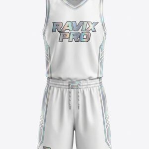 Custom White Holographic Basketball Uniform – custom manufactured by Ravix Pro Industry, Sialkot, Pakistan