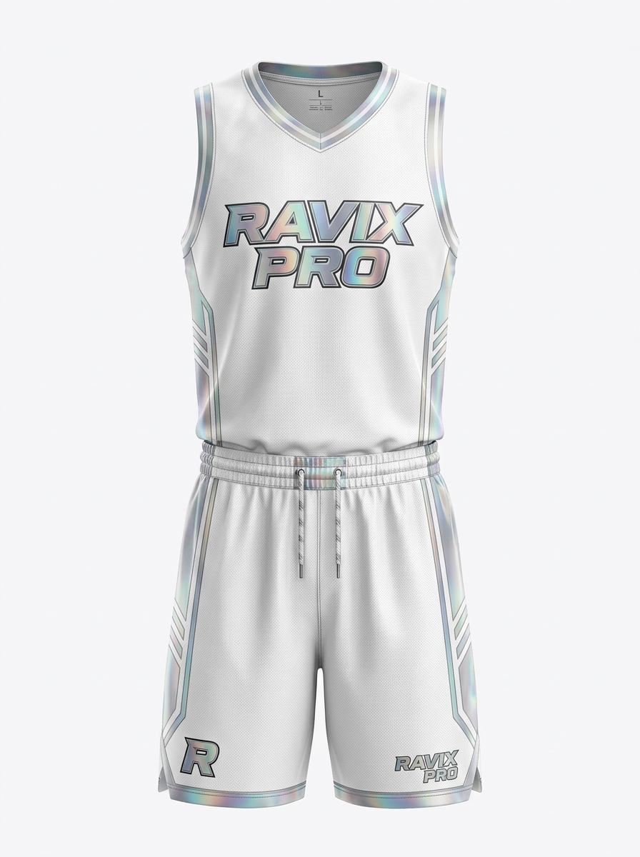 Custom White Holographic Basketball Uniform Custom White Holographic Basketball Uniform – custom manufactured by Ravix Pro Industry, Sialkot, Pakistan