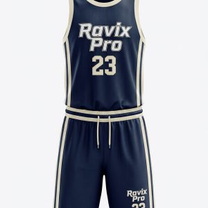 Custom Navy and Cream Script Basketball Uniform – custom manufactured by Ravix Pro Industry, Sialkot, Pakistan