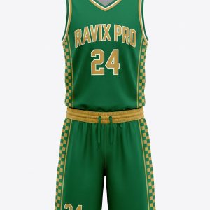 Custom Kelly Green and Gold Basketball Uniform – custom manufactured by Ravix Pro Industry, Sialkot, Pakistan