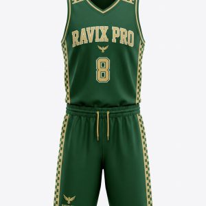 Custom Forest Green and Gold Pattern Basketball Uniform – custom manufactured by Ravix Pro Industry, Sialkot, Pakistan