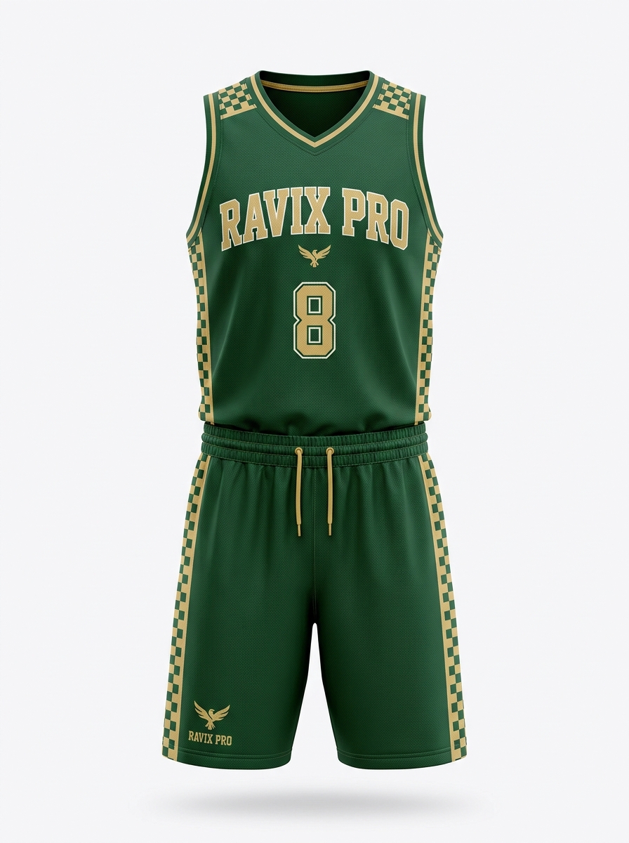 Custom Forest Green and Gold Pattern Basketball Uniform Custom Forest Green and Gold Pattern Basketball Uniform – custom manufactured by Ravix Pro Industry, Sialkot, Pakistan