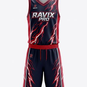 Custom Navy and Red Lightning Basketball Uniform – custom manufactured by Ravix Pro Industry, Sialkot, Pakistan