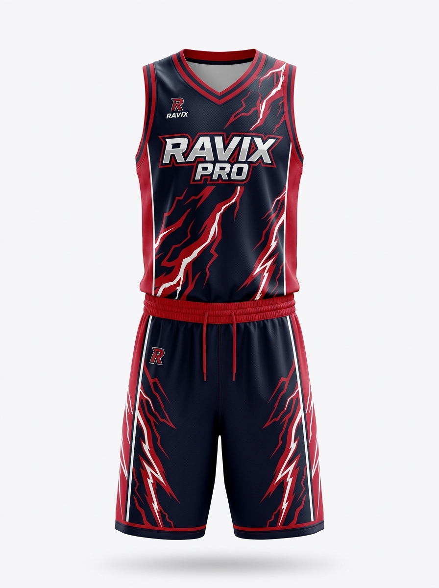 Custom Navy and Red Lightning Basketball Uniform Custom Navy and Red Lightning Basketball Uniform – custom manufactured by Ravix Pro Industry, Sialkot, Pakistan