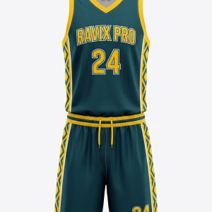 Custom Teal and Gold Basketball Uniform – custom manufactured by Ravix Pro Industry, Sialkot, Pakistan