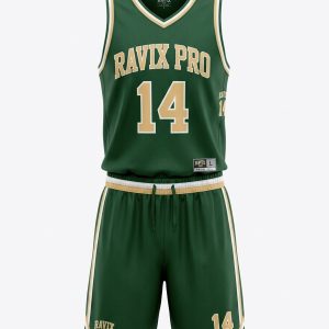 Custom Forest Green and Cream Basketball Uniform – custom manufactured by Ravix Pro Industry, Sialkot, Pakistan
