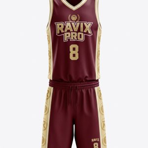 Custom Maroon and Cream Crest Basketball Uniform – custom manufactured by Ravix Pro Industry, Sialkot, Pakistan