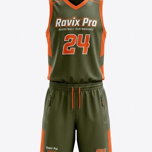 Custom Olive and Orange Script Basketball Uniform – custom manufactured by Ravix Pro Industry, Sialkot, Pakistan