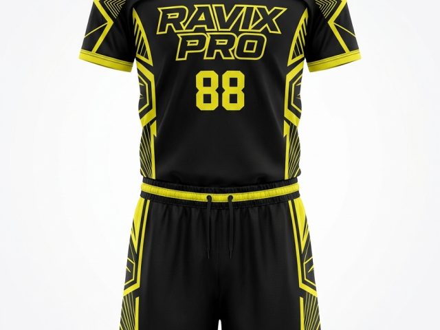 Custom Black and Neon Yellow Tribal Basketball Uniform – custom manufactured by Ravix Pro Industry, Sialkot, Pakistan